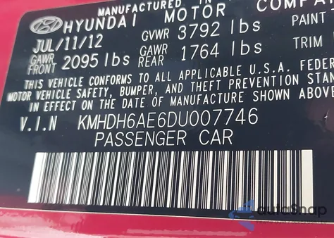 2013 Hyundai Elantra Gs z USA, uszkodzony, nr VIN KMHDH6AE6DU007746